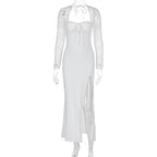 Damen Elegante Maxikleid mit transparenter Spitzenoberfläche und seitlichem Schlitz EB