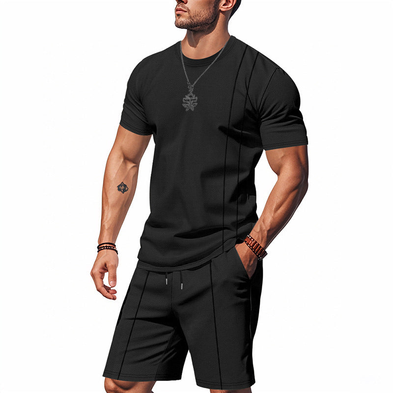 Herren-Set aus strukturiertem Jersey-Kurzarmhemd und passender Shorts mit Falten