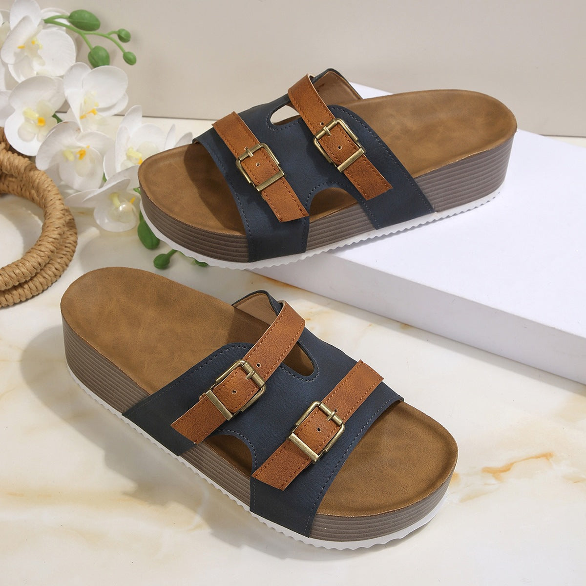 Damen Bequeme Plateau-Sandalen mit verstellbaren Riemen EB