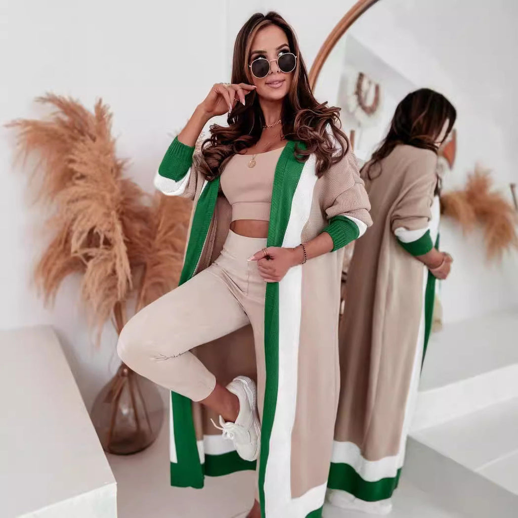 Damen Großer modischer Strickmantel mit auffälligem Farbblockdesign EB