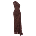 Damen elegantes Abendkleid mit asymmetrischem One-Shoulder-Design und floralem Spitzenbesatz EB