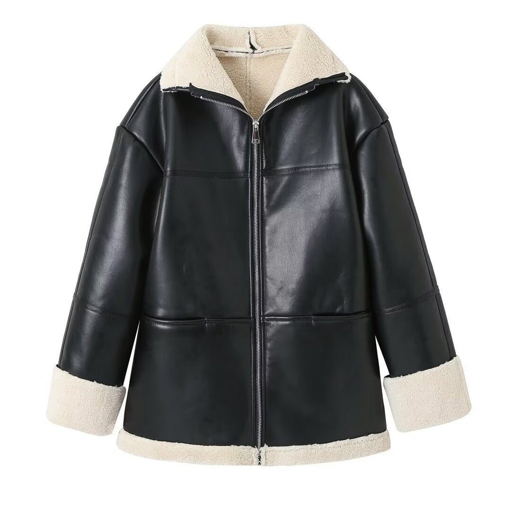 Damen gesteppte Kunstlederjacke mit warmem Innenfutter und elegantem Revers EB