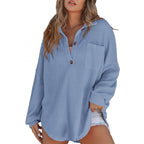 Damen lässiges Waffle-Shirt mit Stehkragen und Knopfleiste EB