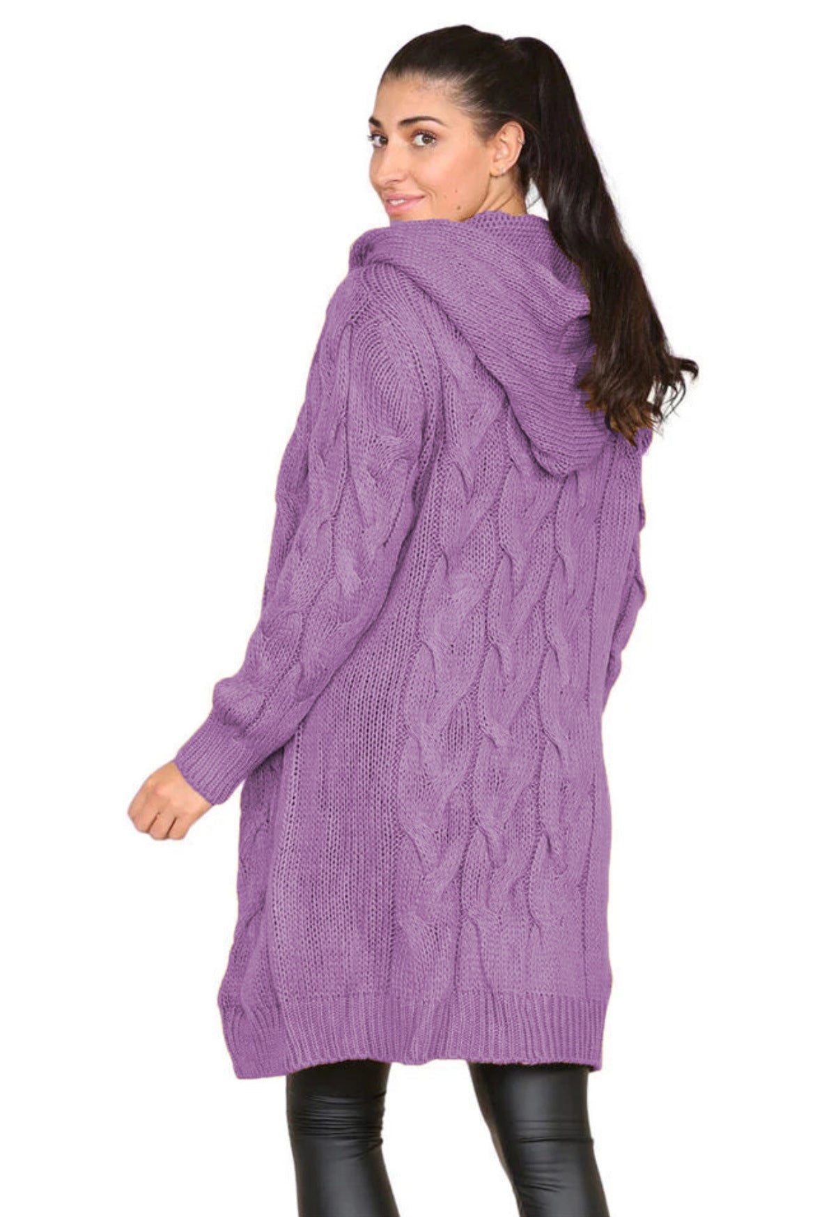 Damen Großer Strickmantel mit Kapuze und Zopfmuster EB