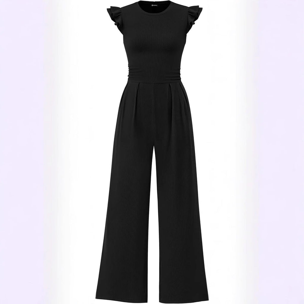 Damen eleganter Jumpsuit mit Puffärmeln und weitem Bein EB