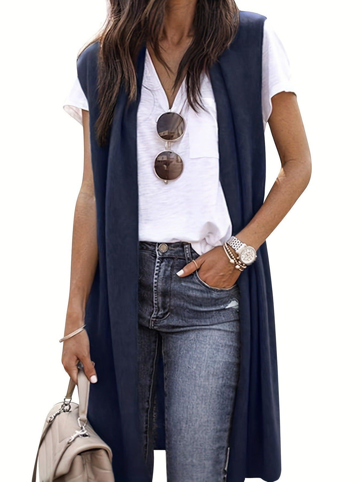 Damen longitudinaler Strickmantel mit Seitenschlitzen EB