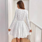 Damen Elegantes Häkelkleid mit V-Ausschnitt und langem Arm EB