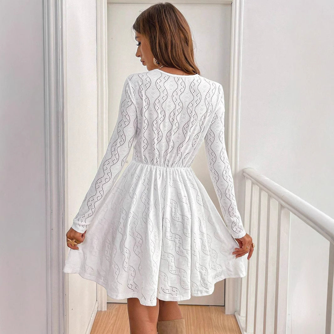 Damen Elegantes Häkelkleid mit V-Ausschnitt und langem Arm EB
