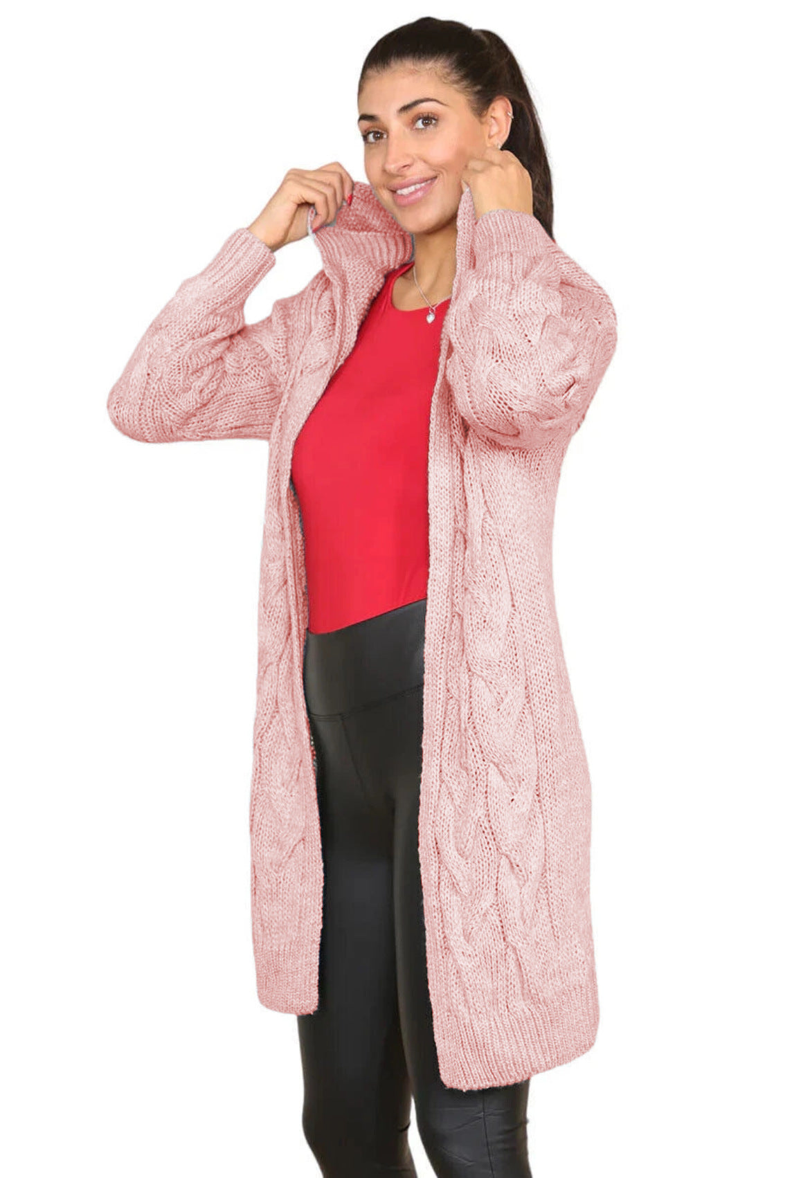 Damen Langer Strickmantel mit elegantem Zopfmuster und Kapuze EB