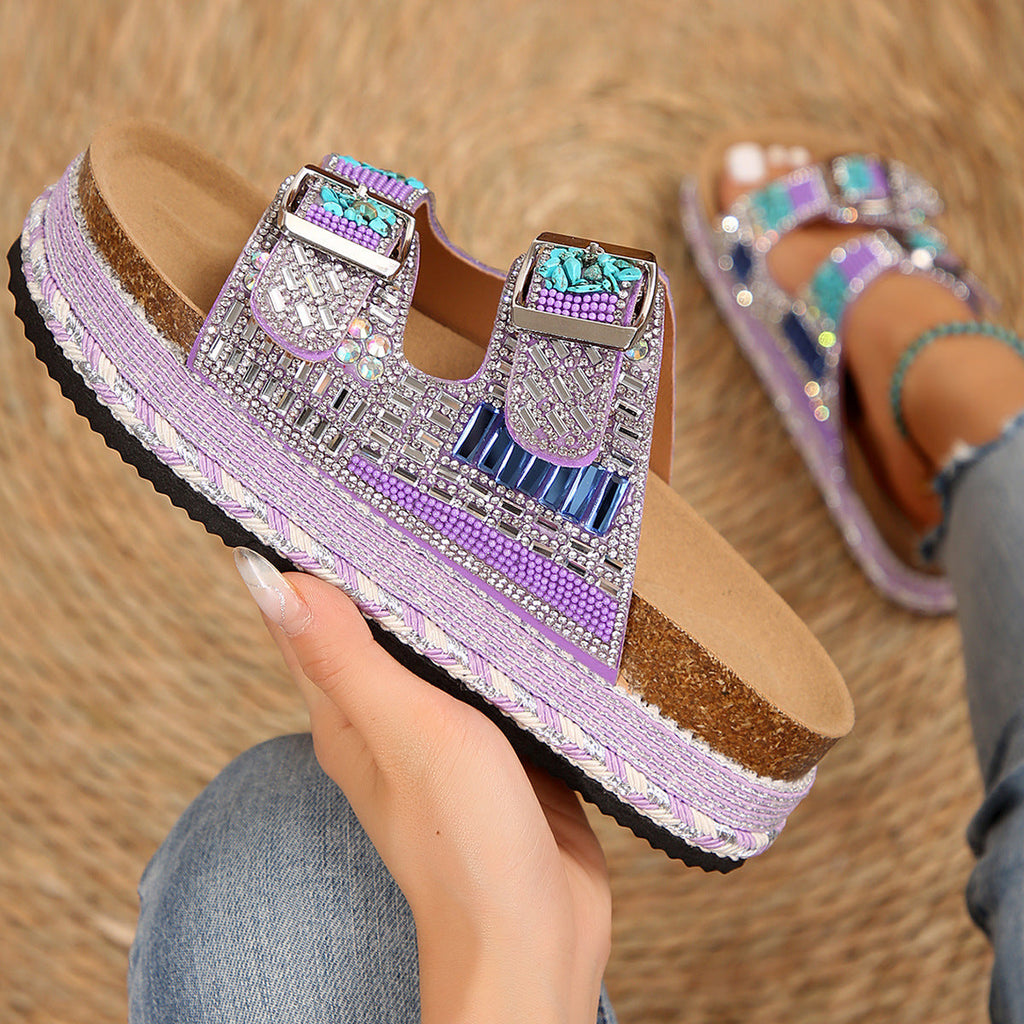 Damen bequeme Sandalen mit dekorativen Steinen und breiten Riemen EB