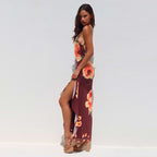 Damen elegantes Maxikleid mit floralem Design und seitlichem Schlitz EB