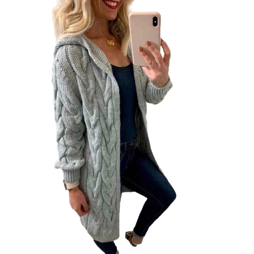 Damen Grobstrick-Cardigan mit Kapuze und Zopfmuster EB