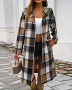 Damen Karomuster Longjacke mit Kapuze EB