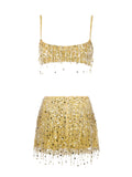 Damen Glitzerndes Crop-Top und Minirock-Set mit Fransen EB