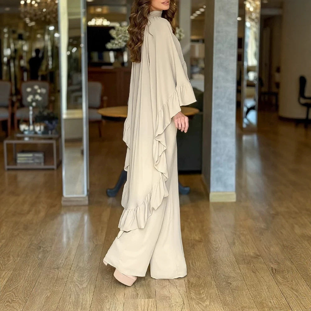Eleganter Damen-Jumpsuit mit Cape-Rüsche und weitem Palazzo-Bein