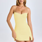 Damen Bodycon Minikleid mit Spaghettiträgern und seitlichem Schlitz EB