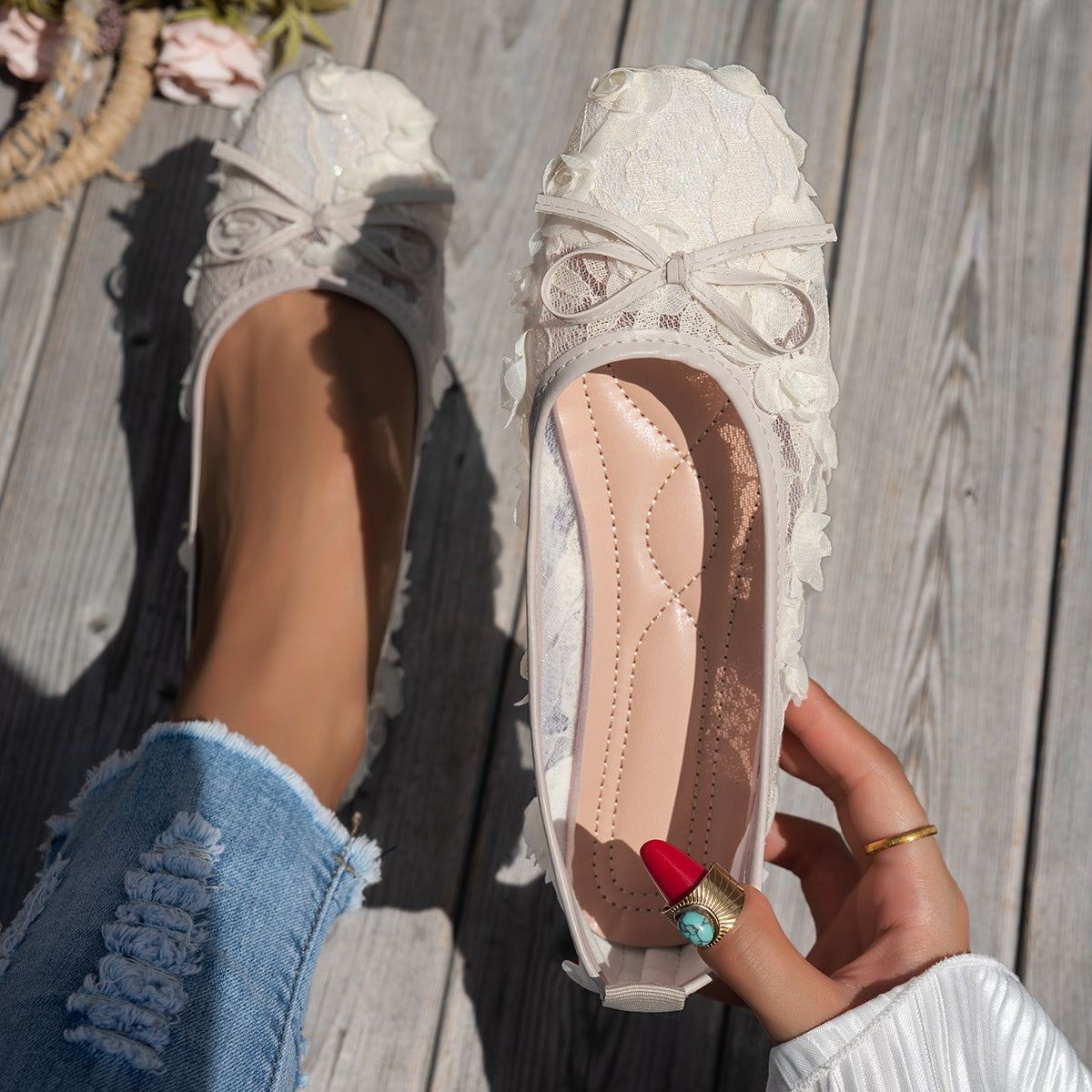 Damen elegante Ballerinas mit floralen Applikationen und rutschfester Sohle EB