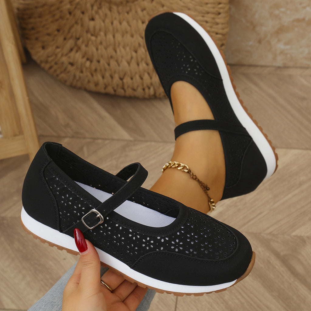 Damen bequeme und atmungsaktive Ballerinas mit Riemen und perforiertem Design EB