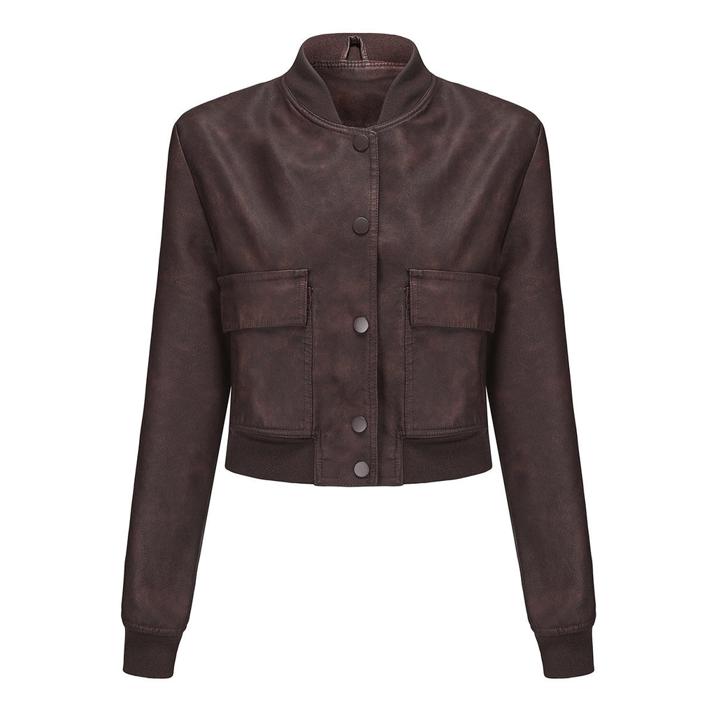 Damen Kunstleder Bomberjacke mit praktischen Taschen und elastischen Bündchen EB