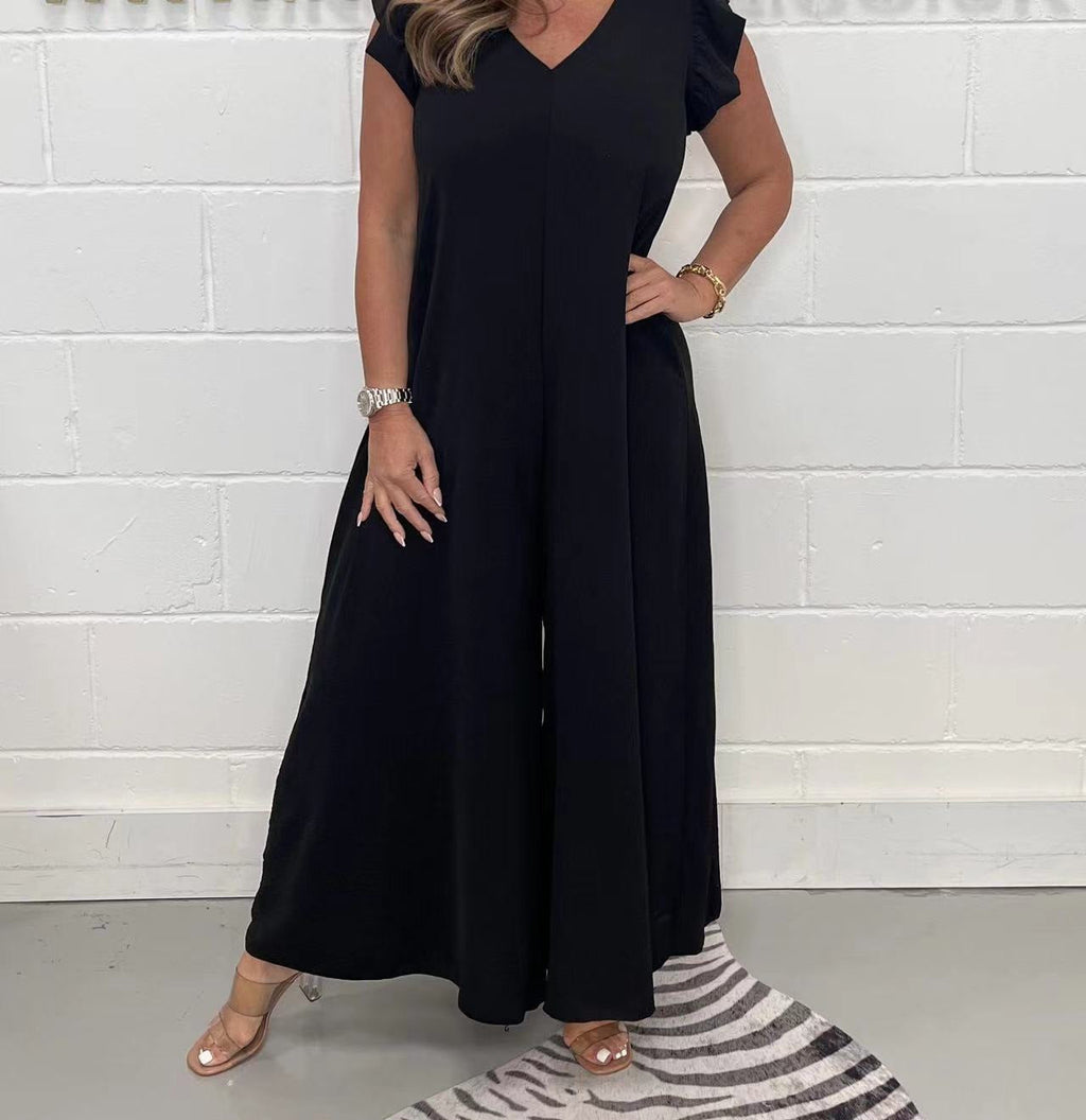 Damen legerer Jumpsuit mit fließendem Schnitt und V-Ausschnitt EB