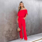 Damen Off-Shoulder Jumpsuit mit weitem Bein und elastischem Bund EB