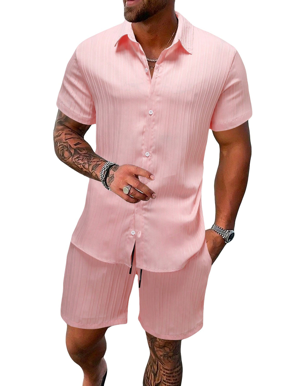 Leichtes Herren-Kurzarmhemd mit offenem Kragen und passender Shorts aus strukturiertem Baumwollmix