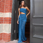 Damen Elegantes Maxikleid mit asymmetrischem Design und Spitzenverarbeitung EB