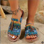 Damen bequeme Tangle-Sandalen mit buntem Stickdesign und Quasten EB