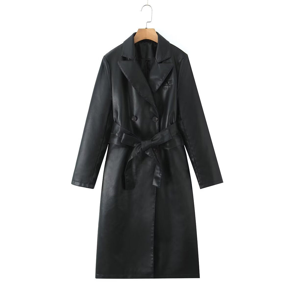 Damen Kunstleder Trenchcoat mit Taillengürtel und eleganter Taschennaht EB