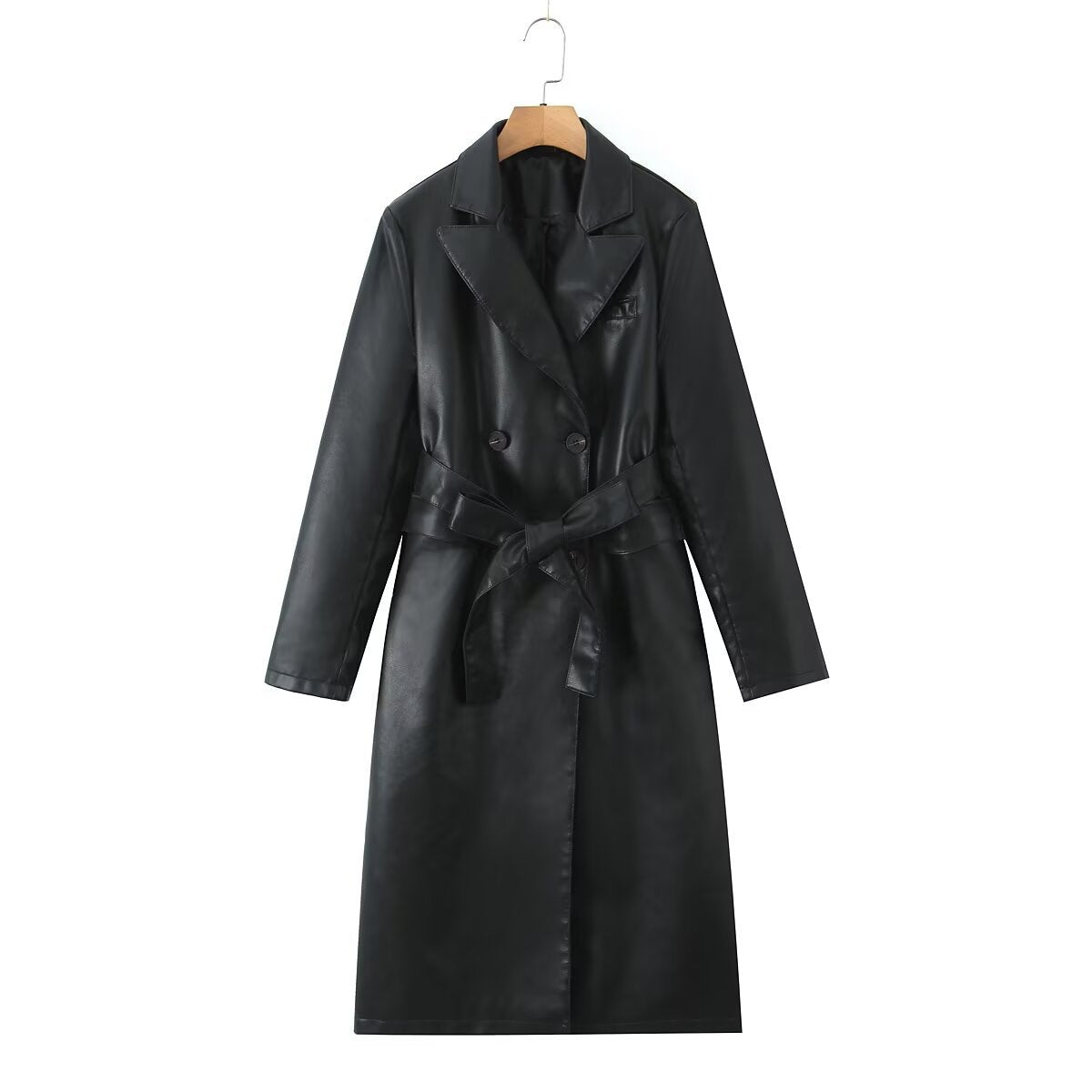 Damen Kunstleder Trenchcoat mit Taillengürtel und eleganter Taschennaht EB
