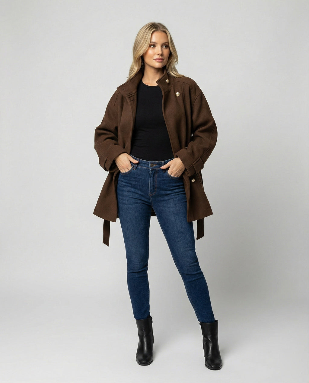 Damen Günstige Strickjacke Damen Slim kurzer Wollmix-Mantel mit Bindegürtel und Stehkragen EB