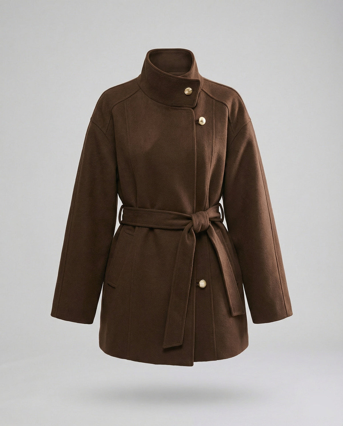Damen Günstige Strickjacke Damen Slim kurzer Wollmix-Mantel mit Bindegürtel und Stehkragen EB