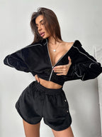 Damen nan kurzes Velours-Lounge-Set mit Cropped Zip-Hoodie und elastischer Highwaist-Shorts EB