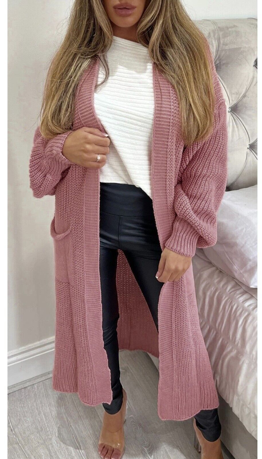 Damen Langer Strickmantel mit großzügigen Taschen EB