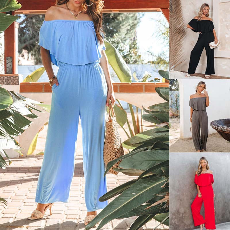 Damen Off-Shoulder Jumpsuit mit weitem Bein und elastischem Bund EB