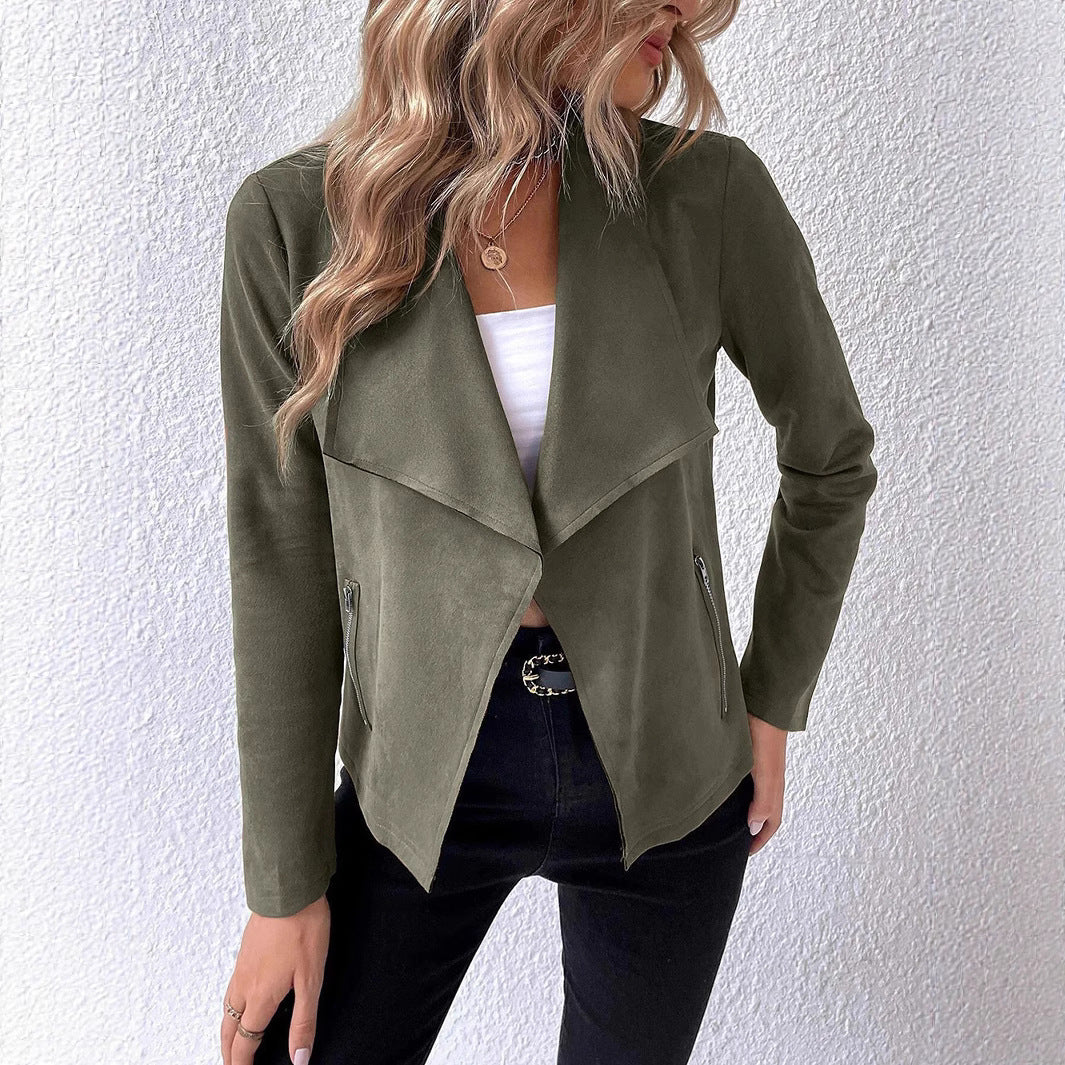 Damen elegante Veloursjacke mit asymmetrischem Revers und Reißverschlusstaschen EB