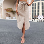 Damen Midi Rock mit dekorativem Bindegürtel und Knopfdetails EB