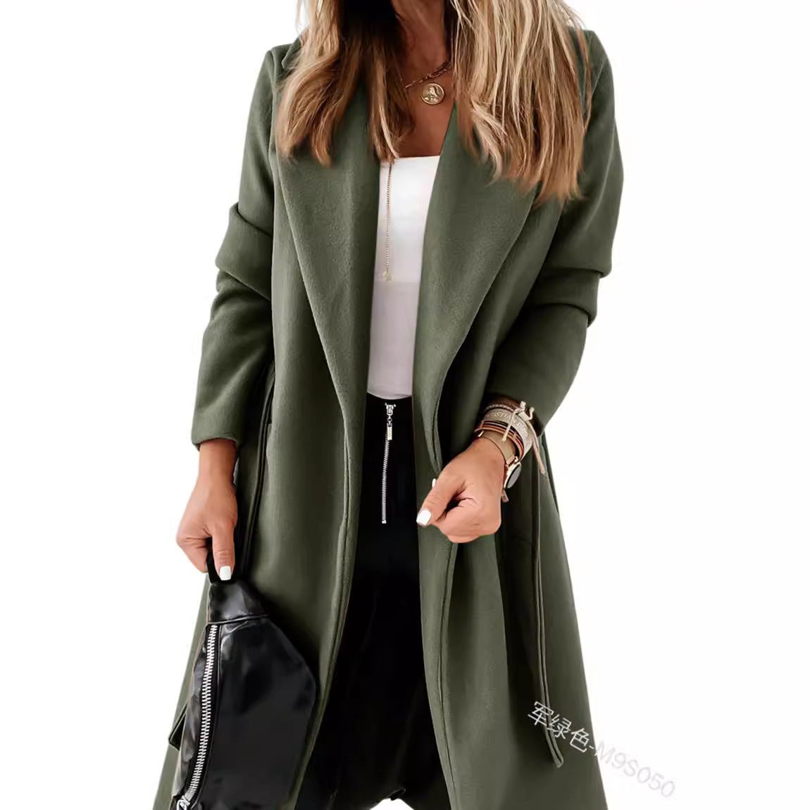 Damen Eleganter und gemütlicher Mantel mit Gürtel und Taschen EB