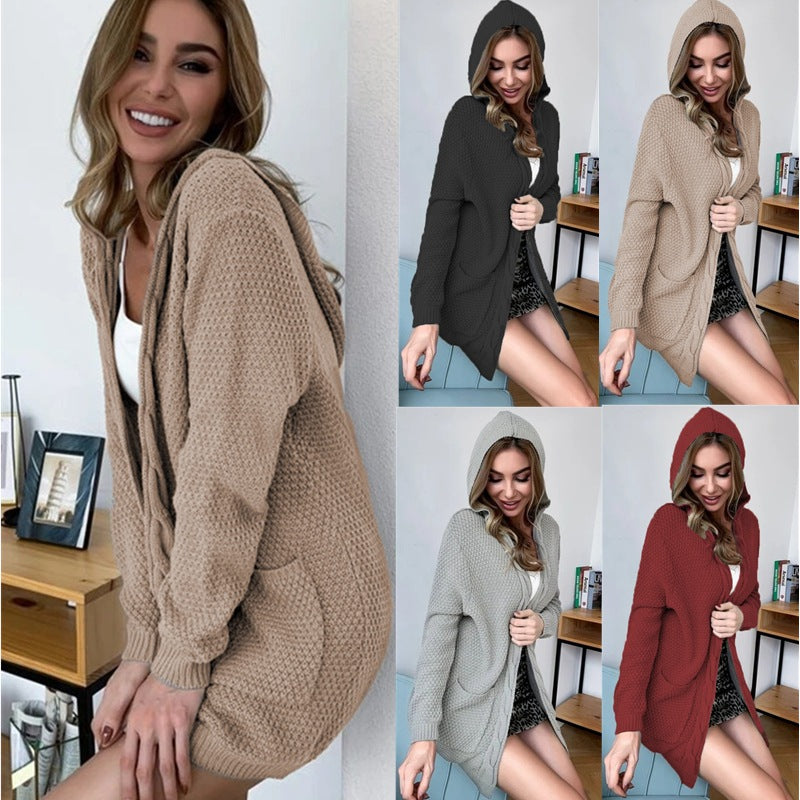Damen Grobe Strickjacke mit Kapuze und tiefen Taschen EB