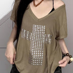 Damen stylisches Oversized T-Shirt mit Kreuz-Print und Glitzerdetails EB