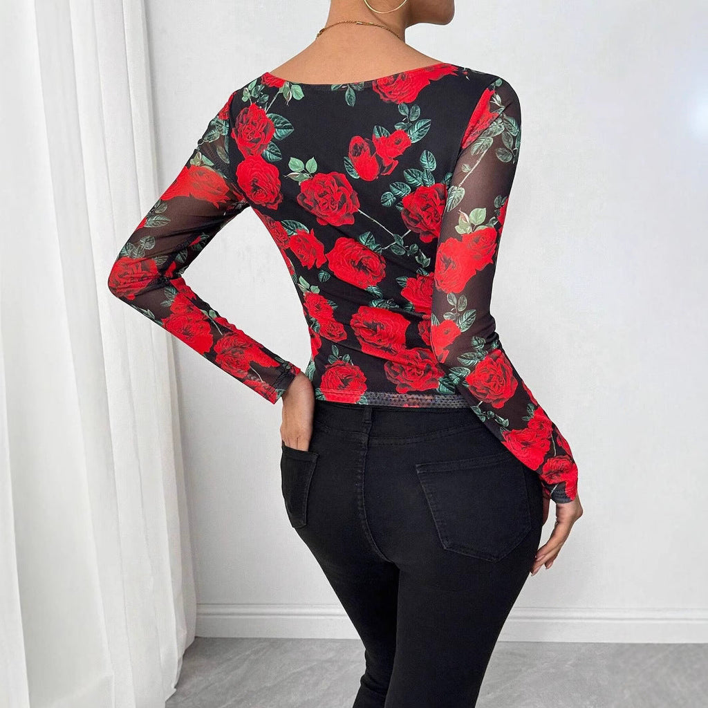 Damen nan figurnahes Stretchshirt mit quadratischem Ausschnitt, feiner Meshstruktur und großflächigem Rosenprint EB