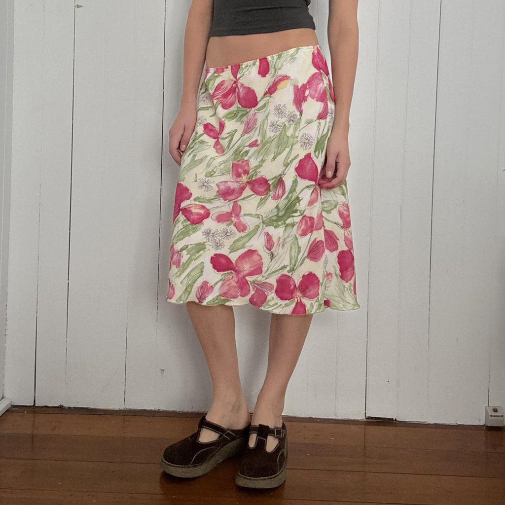 Damen eleganter Midirock mit floralen Motiven und schwingendem Schnitt EB