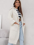 Damen Langer Strickmantel mit Kapuze und praktischen Taschen EB