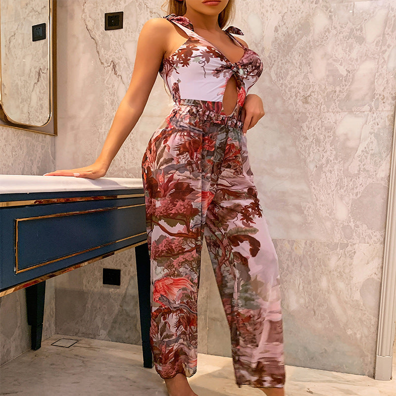 Damen Elegante Sommer-Jumpsuit mit floralem Design und raffinierten Knotendetails EB