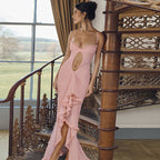 Damen Elegantes Maxikleid mit Rüschendetails und leicht transparentem Stoff EB