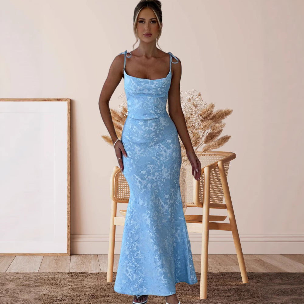 Damen Elegantes Langarm Abendkleid mit floralem Jacquard-Muster und zartem Rückenausschnitt EB
