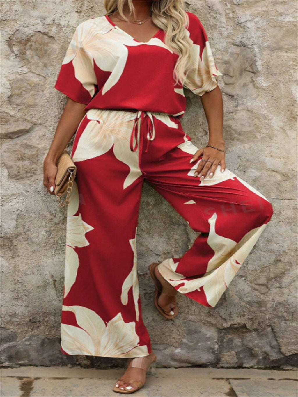 Damen Eleganter Jumpsuit mit floralen Mustern und weitem Bein EB