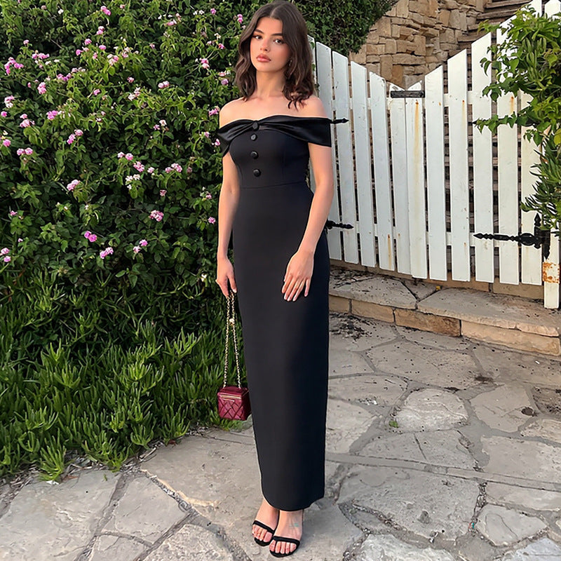 Damen Damenhaftes Maxi-Kleid mit off-shoulder Design und eleganten Knopfdetails EB