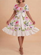 Damen A-Linien-Kleid mit floralen Motiven und taillierbarem Gürtel EB