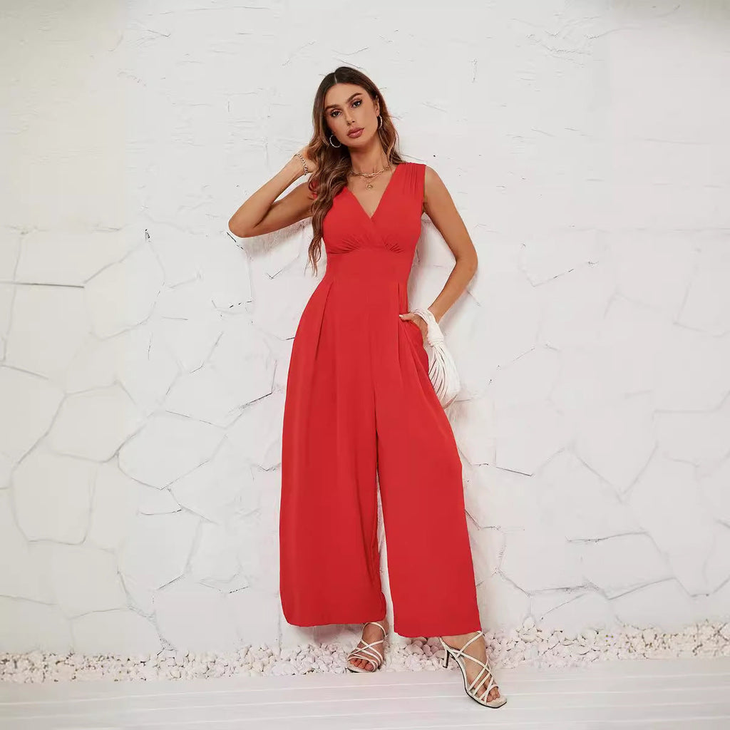 Damen Jumpsuit mit V-Ausschnitt und weitem Bein EB